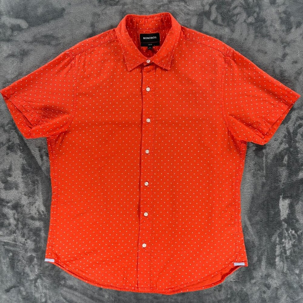 Bonobos Shirt Men XL Slim Fit Orange Polka Dot Button Up Short Sleeve Summer